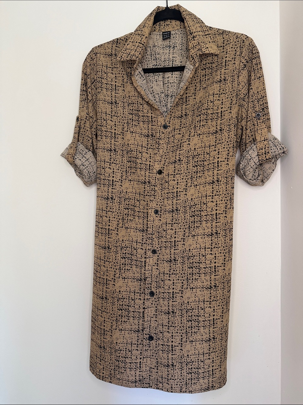Button-Front Tan and Black Pattern Shirt Dress